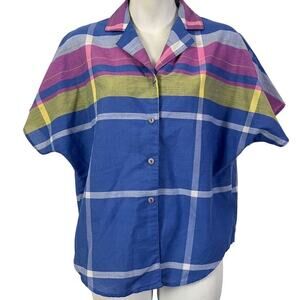 Ms Paquette Vintage USA Made Plaid Dolman Sleeve Button Up Top Blouse Shirt sz S